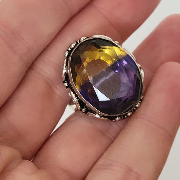 Sterling Silver Size 9.25 Amethyst and Citrine Oval Ring - Statement Jewelry - Picture 9 of 11